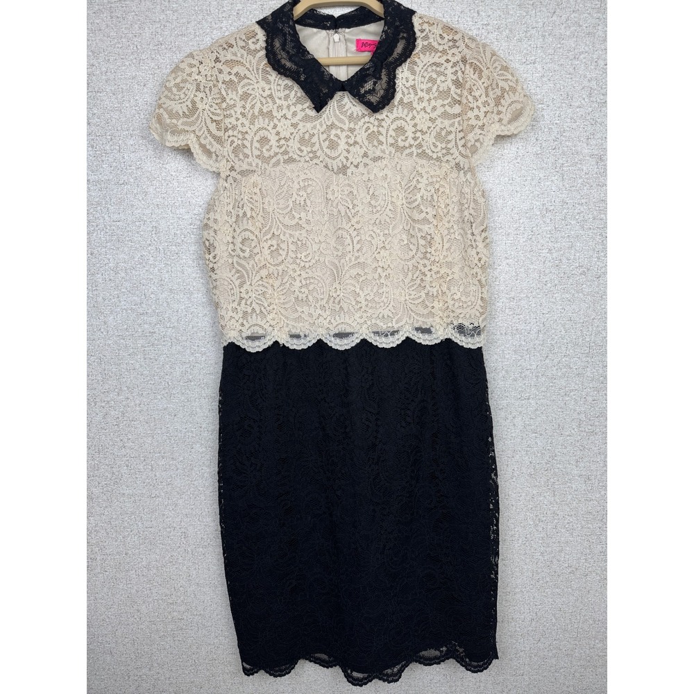 Betsey Johnson Lace Collar Dress Cream Black Popover Sheath Coquette Party Sz 12